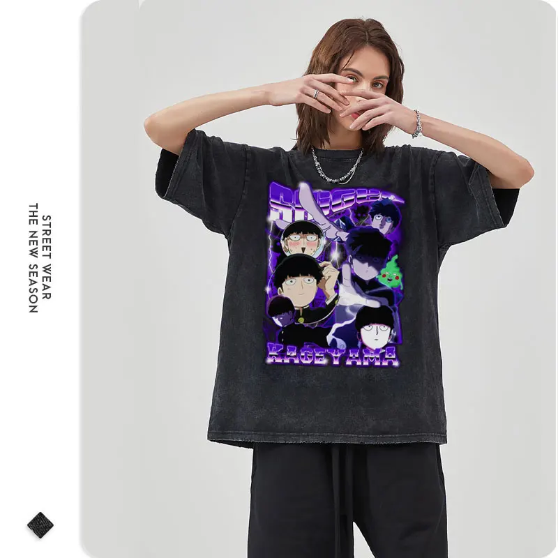 Anime Mob Psycho 100 T-shirt Vintage Umyté Kageyama Shigeo T Košele Nadrozmerné Streetwear Manga Mobu Saiko Hyaku Topy Tees Mužov Obrázok 3