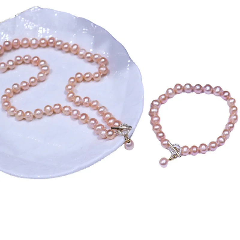Populárne 7-8mm sladkovodné perly Náhrdelník Prívesok Náušnice Prsteň, 5-dielna sada svetlo luxusný dizajn zmysel Obrázok 3
