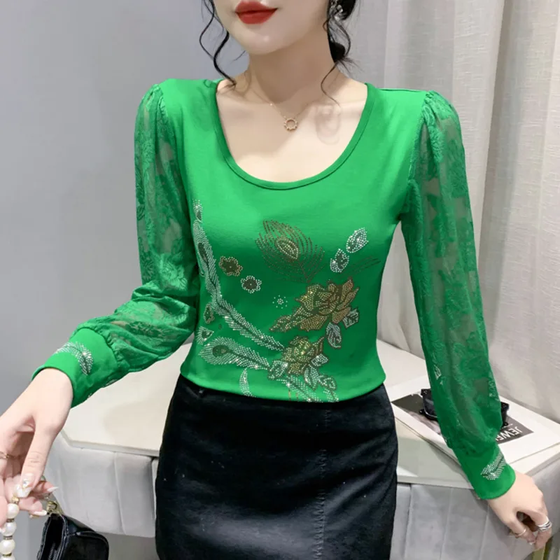 Zelená čierna Oka T Shirt Ženy Pohľadu Dlhý Rukáv Košele T O tvaru Tenké kórejský Štýl Lesklé Diamanty Kvet Slim Vintage Obrázok 3