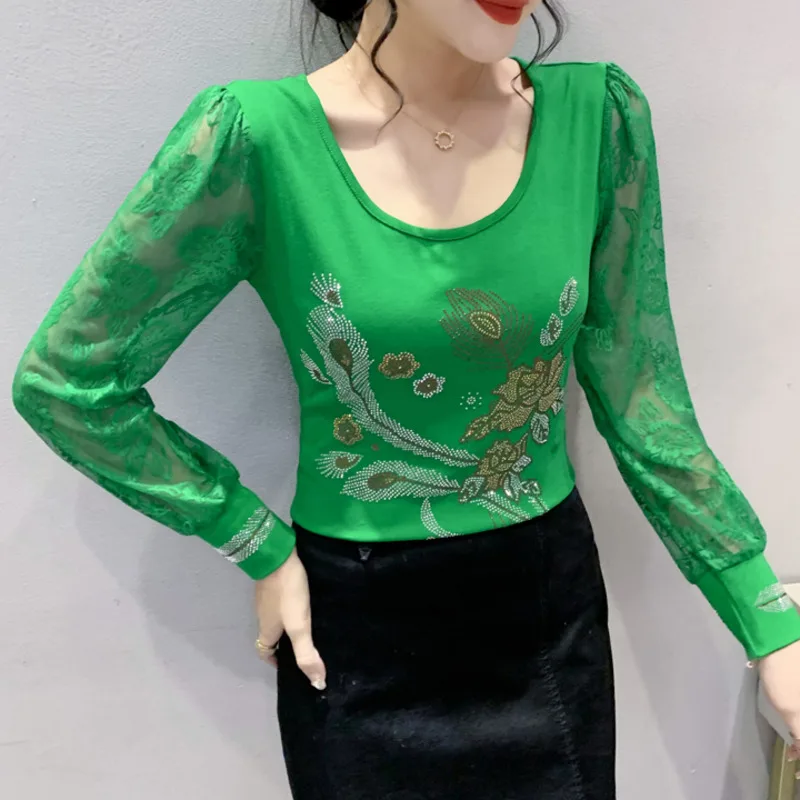 Zelená čierna Oka T Shirt Ženy Pohľadu Dlhý Rukáv Košele T O tvaru Tenké kórejský Štýl Lesklé Diamanty Kvet Slim Vintage Obrázok 4