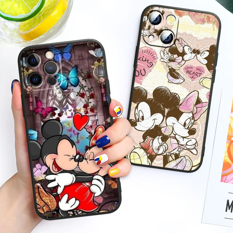 Disney Mickey Minnie Pre iPhone 14 13 12 11 Pro Max XS Max X XR 7 8 Plus 6S 5S Silikónové Čierne Shell Telefón Prípade Obrázok 1