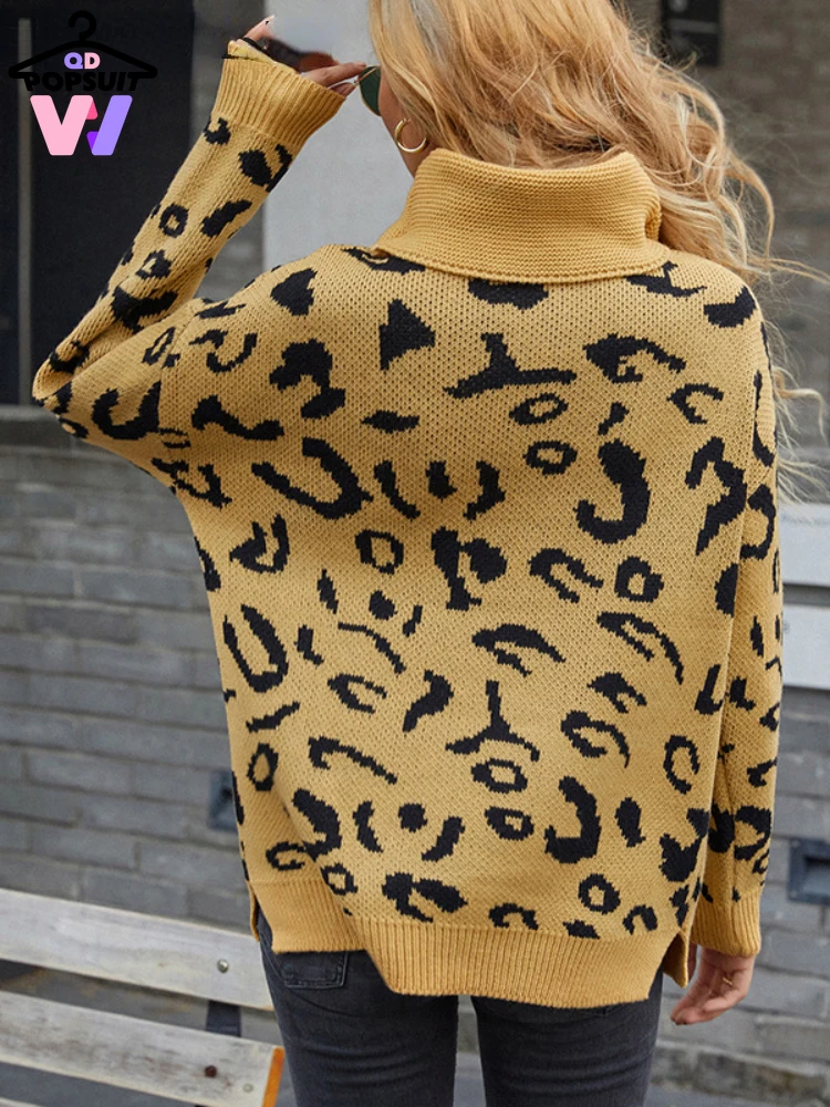 Dámske Svetre Leopardí Vzor Vysoký Golier Módne Voľné Pulóver Knitwear Nové Jeseň Zima Dlhý Rukáv Top Zimné Oblečenie Obrázok 4