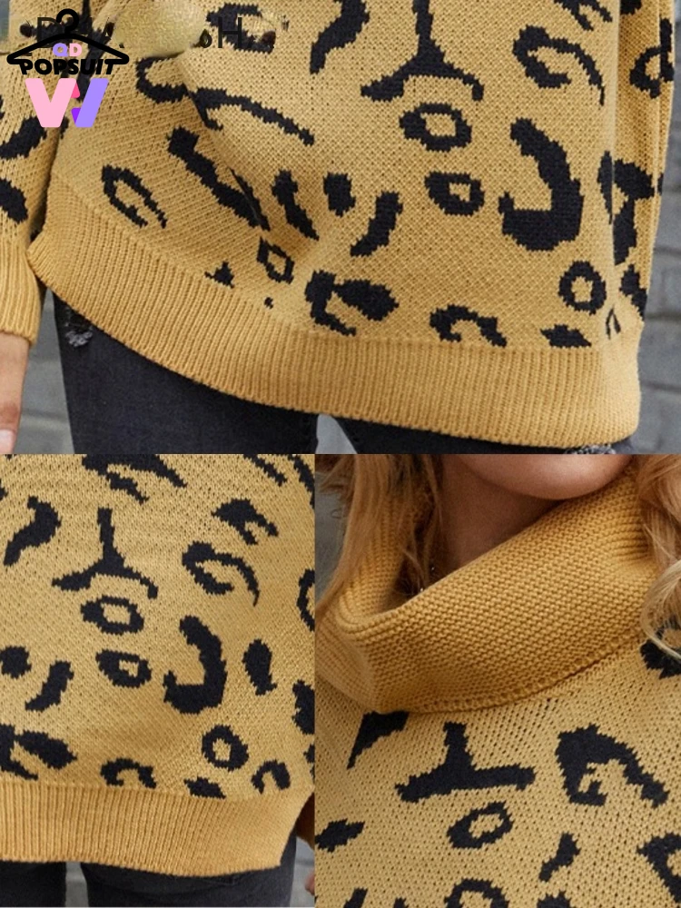 Dámske Svetre Leopardí Vzor Vysoký Golier Módne Voľné Pulóver Knitwear Nové Jeseň Zima Dlhý Rukáv Top Zimné Oblečenie Obrázok 5