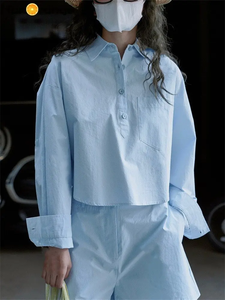 HanOrange 2023 Lete Nové Jednoduché Čistej Bavlny Opaľovací Krém Tričko Ženy Pohodlné Bežné Singel Svojim Top Žena Modrá Obrázok 0