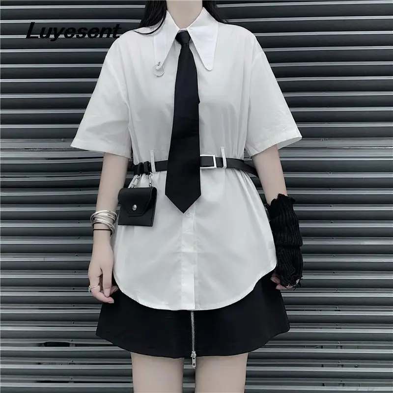 Harajuku Ženy Ulici Biele Tričko S Čiernymi Kravatu A Pás 2023 Lete Lady Singel Svojim Krátky Rukáv Košele Japonský Topy Obrázok 0