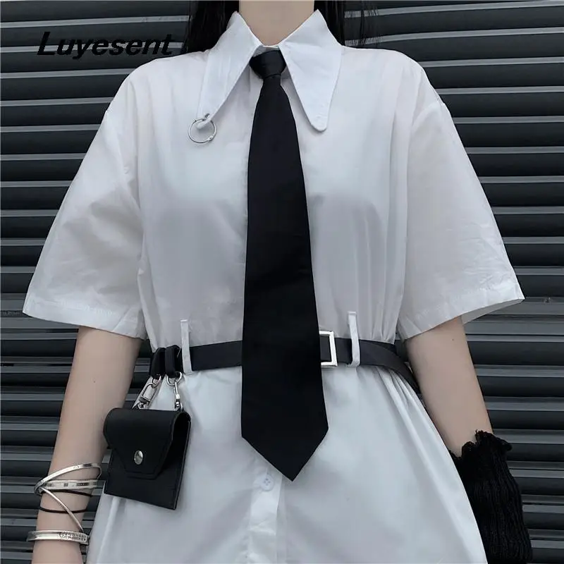Harajuku Ženy Ulici Biele Tričko S Čiernymi Kravatu A Pás 2023 Lete Lady Singel Svojim Krátky Rukáv Košele Japonský Topy Obrázok 5