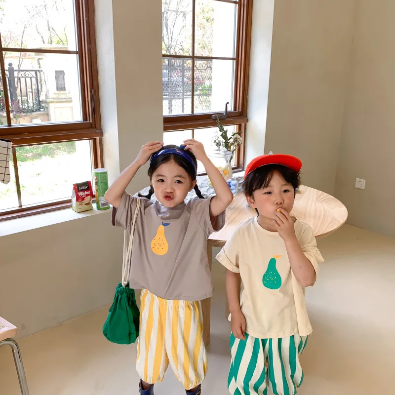 Kórejský štýl detí roztomilý hruška tlač voľné krátky rukáv Tees čistej bavlny unisex bežné tričká Obrázok 0