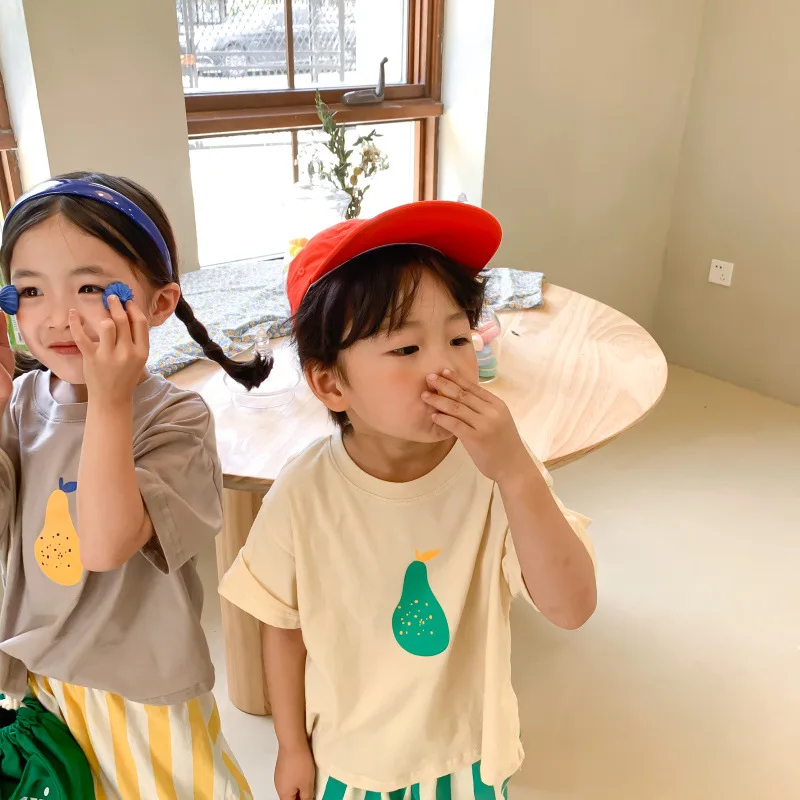 Kórejský štýl detí roztomilý hruška tlač voľné krátky rukáv Tees čistej bavlny unisex bežné tričká Obrázok 2