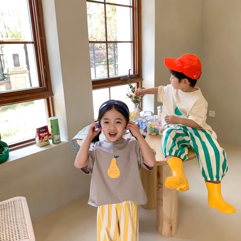 Kórejský štýl detí roztomilý hruška tlač voľné krátky rukáv Tees čistej bavlny unisex bežné tričká Obrázok 3