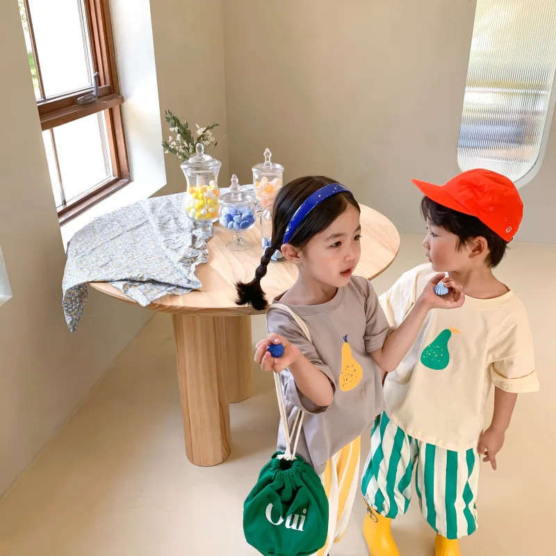 Kórejský štýl detí roztomilý hruška tlač voľné krátky rukáv Tees čistej bavlny unisex bežné tričká Obrázok 5