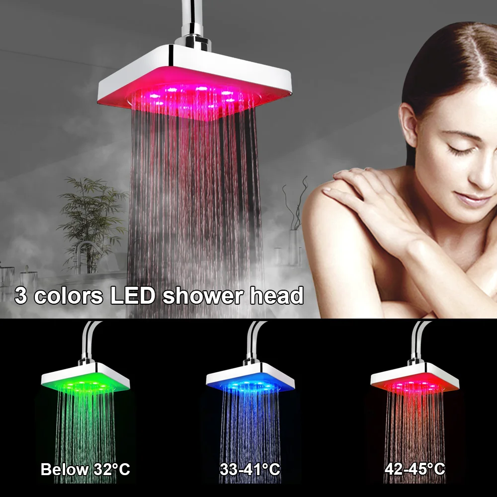 Námestie Pevné Showerhead Zrážok Top Sprej LED Sprcha Hlavu Ultra-Tichý 7 Farieb Postupná Zmena 3 farby Snímač Teploty Obrázok 1