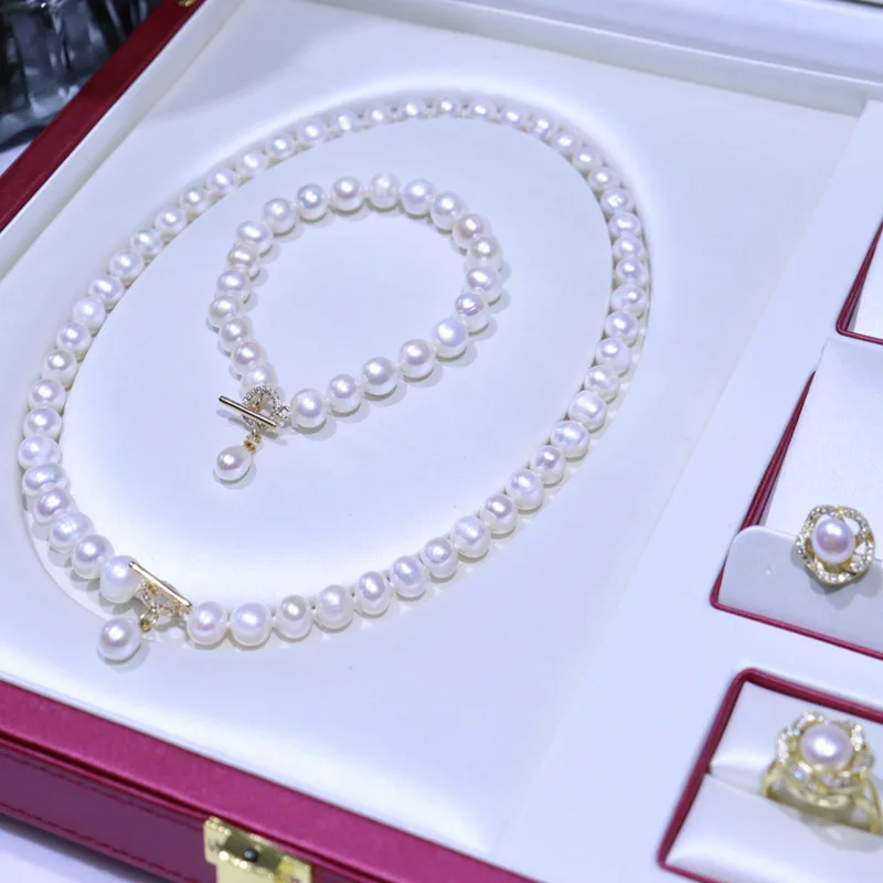 Populárne 7-8mm sladkovodné perly Náhrdelník Prívesok Náušnice Prsteň, 5-dielna sada svetlo luxusný dizajn zmysel Obrázok 1