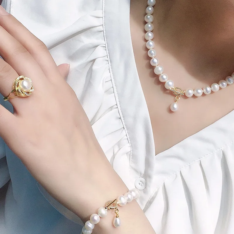 Populárne 7-8mm sladkovodné perly Náhrdelník Prívesok Náušnice Prsteň, 5-dielna sada svetlo luxusný dizajn zmysel Obrázok 2