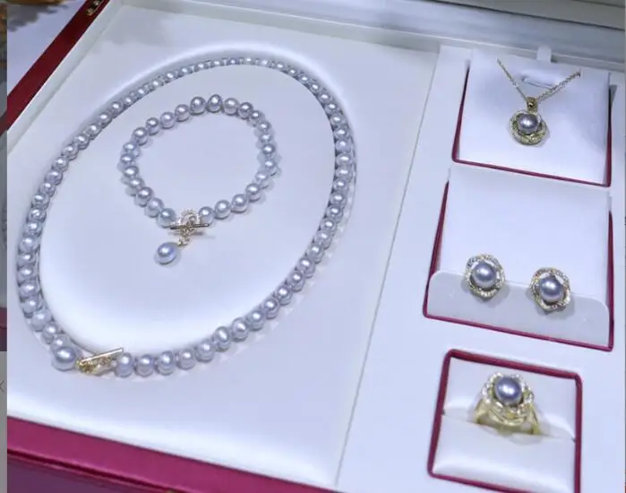 Populárne 7-8mm sladkovodné perly Náhrdelník Prívesok Náušnice Prsteň, 5-dielna sada svetlo luxusný dizajn zmysel Obrázok 4