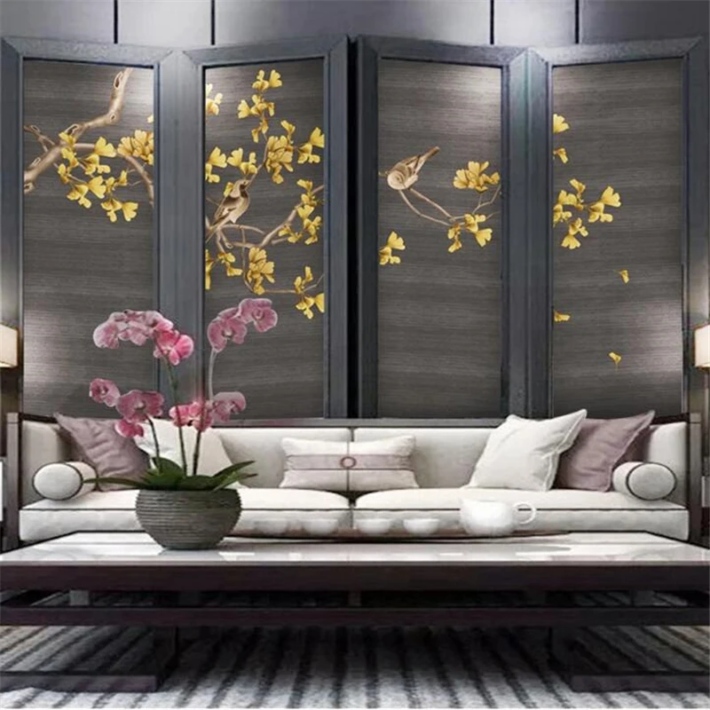 Vlastné tapetu 3d maľby Čínsky ručne maľované ginkgo kvet, vták vzor moderné TV joj, nástenné maľby nástenné 3d tapety Obrázok 1