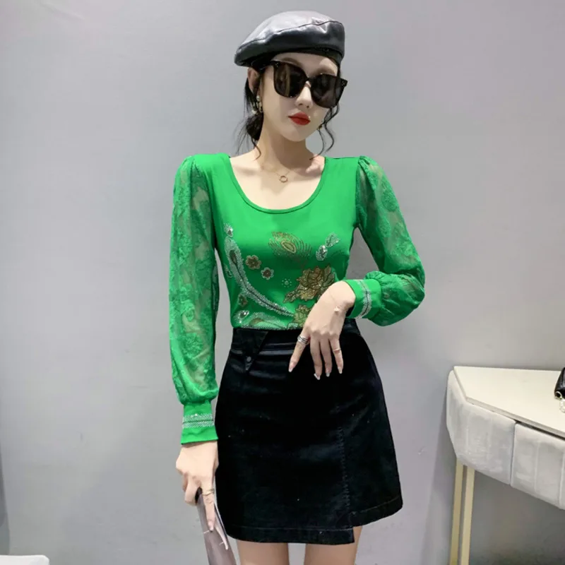 Zelená čierna Oka T Shirt Ženy Pohľadu Dlhý Rukáv Košele T O tvaru Tenké kórejský Štýl Lesklé Diamanty Kvet Slim Vintage Obrázok 5